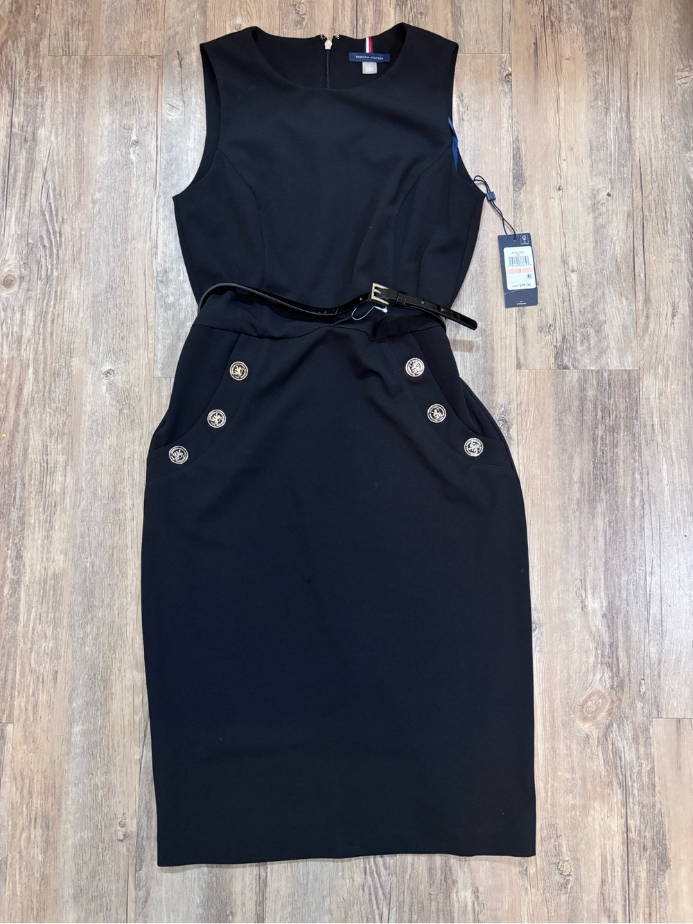 Tommy Hilfiger Black Sleeveless Sheath Dress with Gold Buttons and Belt